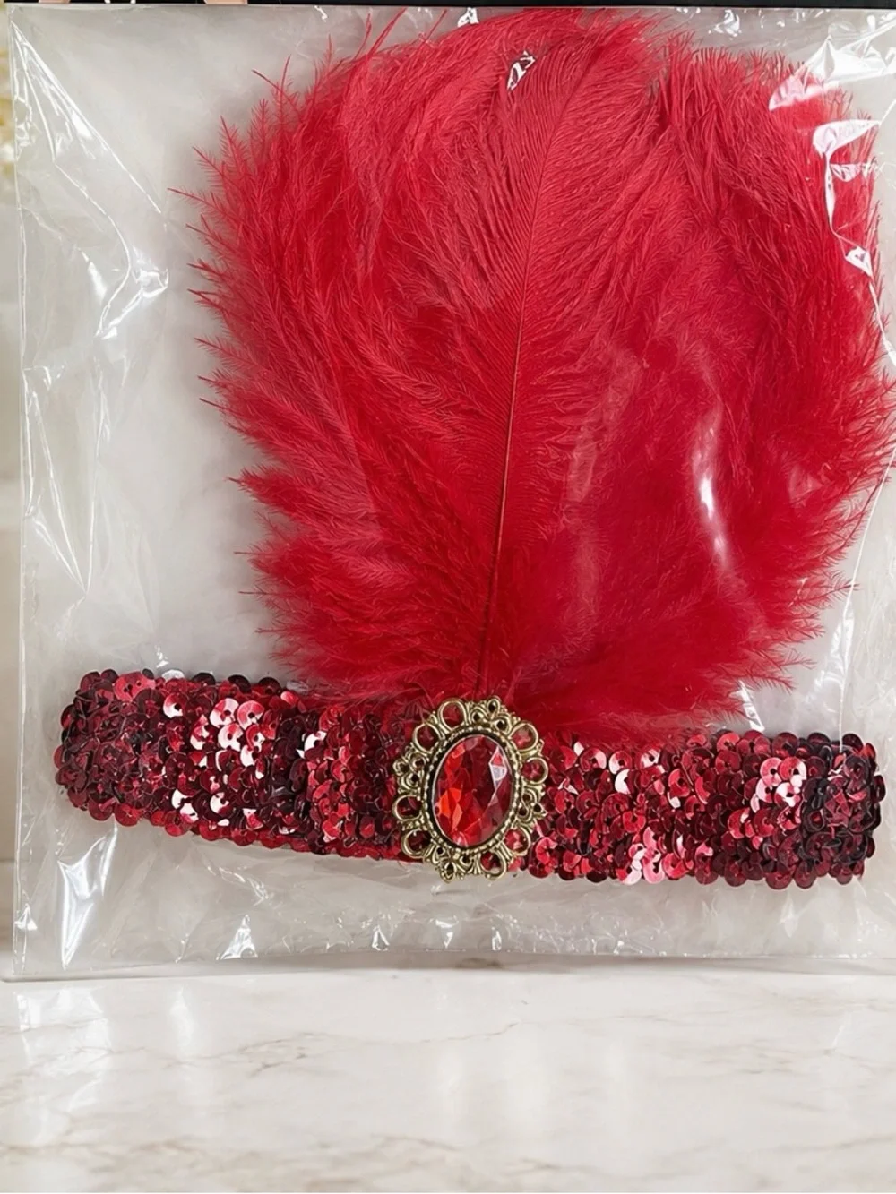 1920s Flapper Feather Headband Red Sequin Showgirl Carnival Costume Women Girls